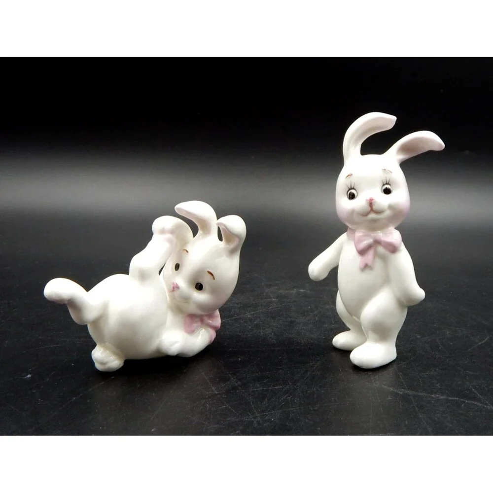 Bone China Tumbling Bunnies Rabbit Figurines 3.5 Inch White Pink Bow Taiwan